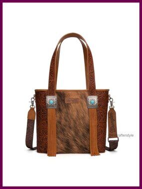 Western Cowhide Tote Bag Hair-on Leather Fringing Turquoise Concho Satchel